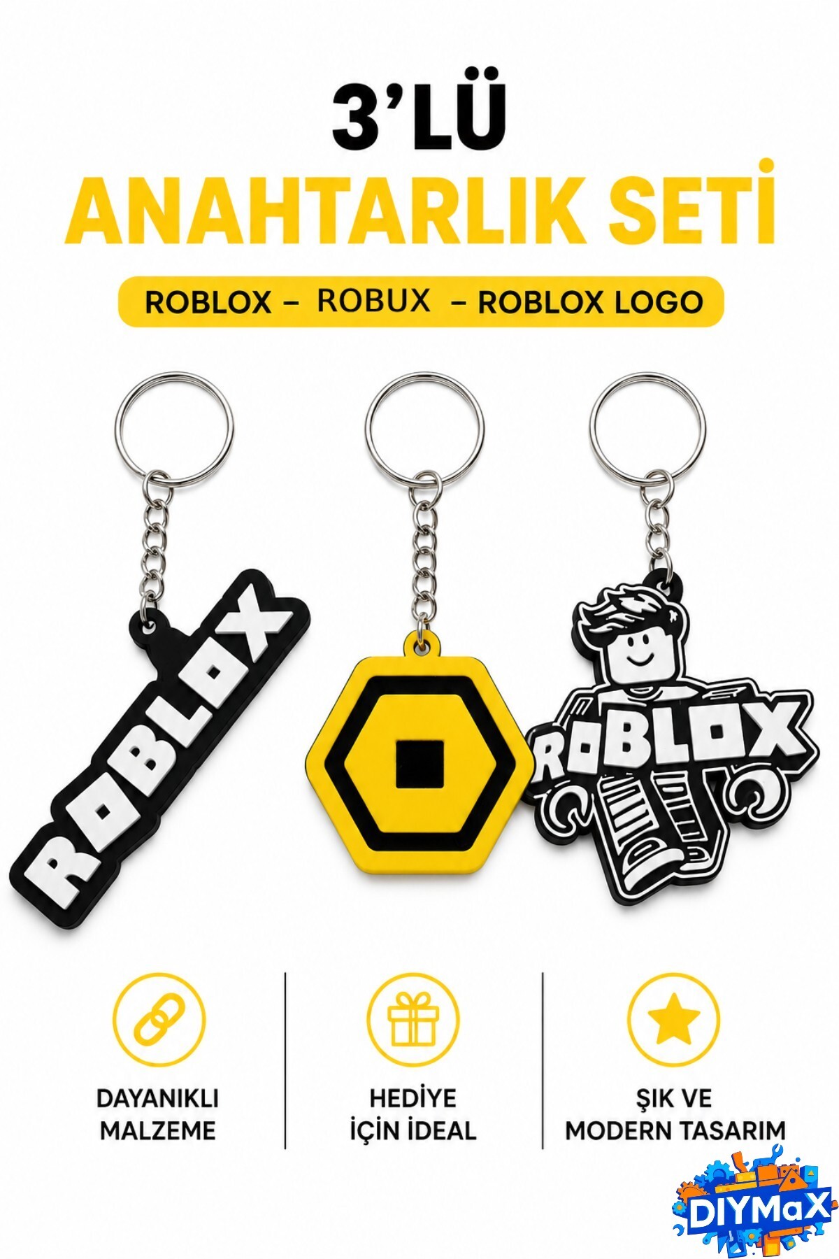 3'lü Oyun Temalı Anahtarlık Seti Robux Tasarımlı Hediyelik Aksesuar Seti