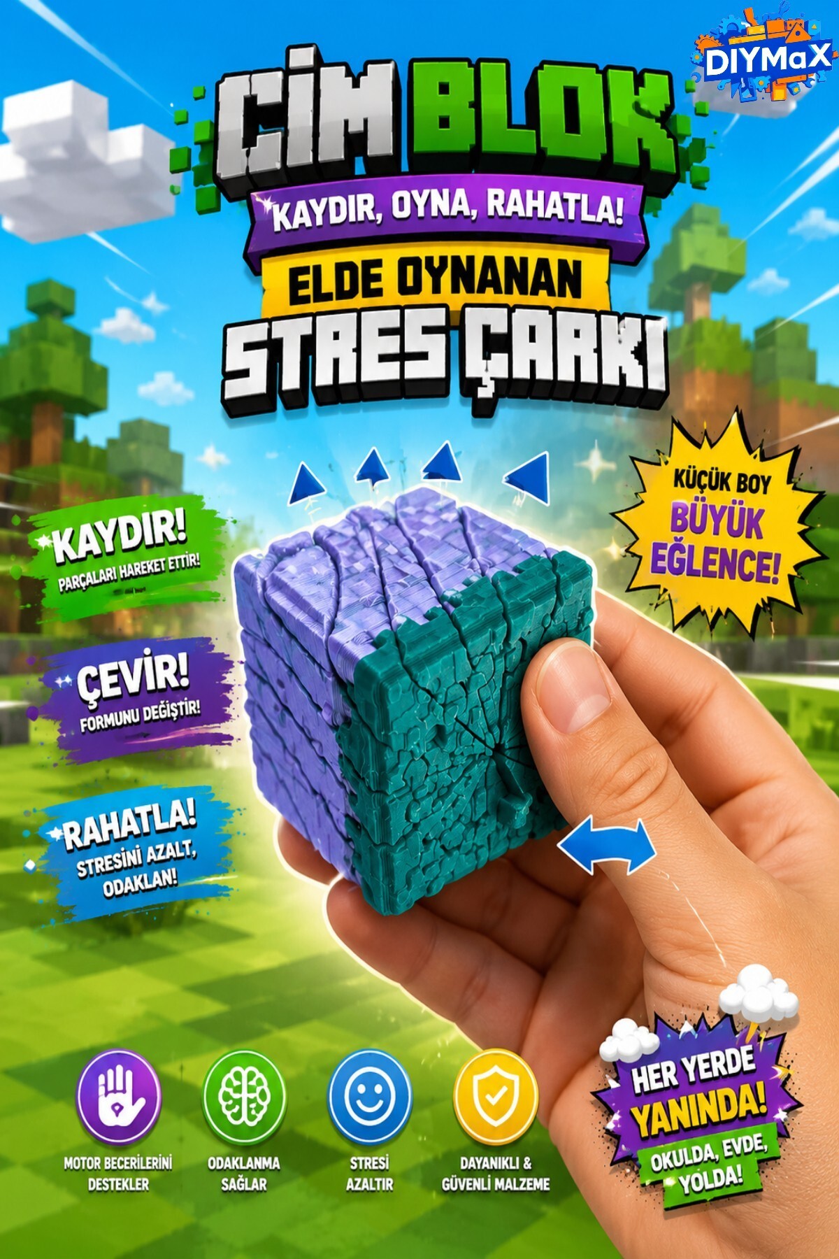Minecraft Fidget Çim Küp 3.5cm | Pixel Art Kaydırmalı Stres Oyuncağı – El Oyuncağı