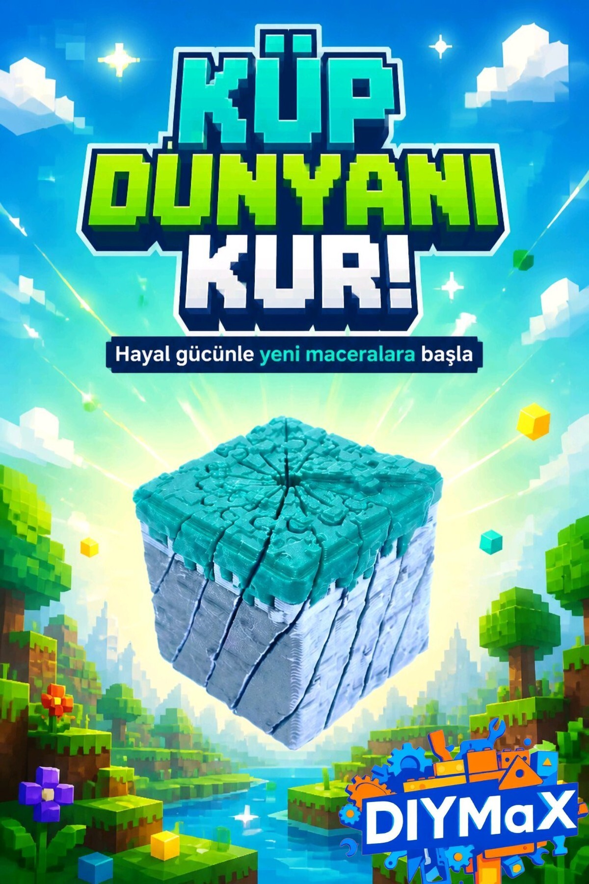 Minecraft Fidget Çim Küp 3.5cm | Pixel Art Kaydırmalı Stres Oyuncağı – El Oyuncağı