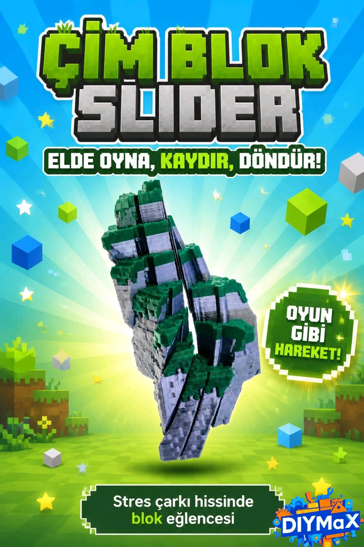 Minecraft Fidget Çim Küp 3.5cm | Pixel Art Kaydırmalı Stres Oyuncağı – El Oyuncağı