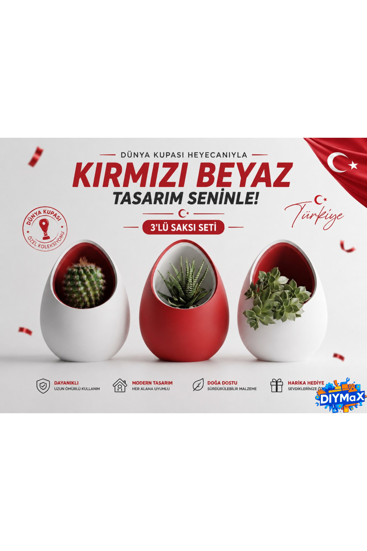 Dünya Kupası Milli Takım Özel Koleksiyon 3'lü Saksı Seti | Kırmızı Beyaz Yumurta Tasarım