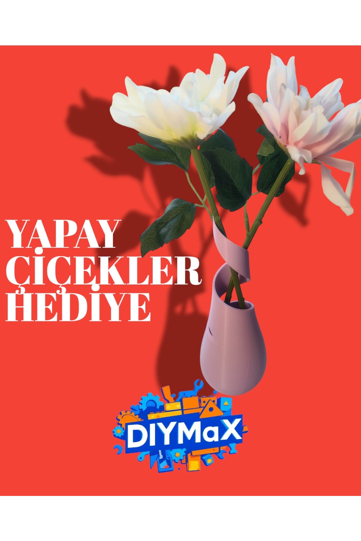 VERDA Yapay Çiçek Saksısı 20 cm Dekoratif Modern Masaüstü Saksı 7 cm Çap + 2 Adet Yapay Çiçek Hediye