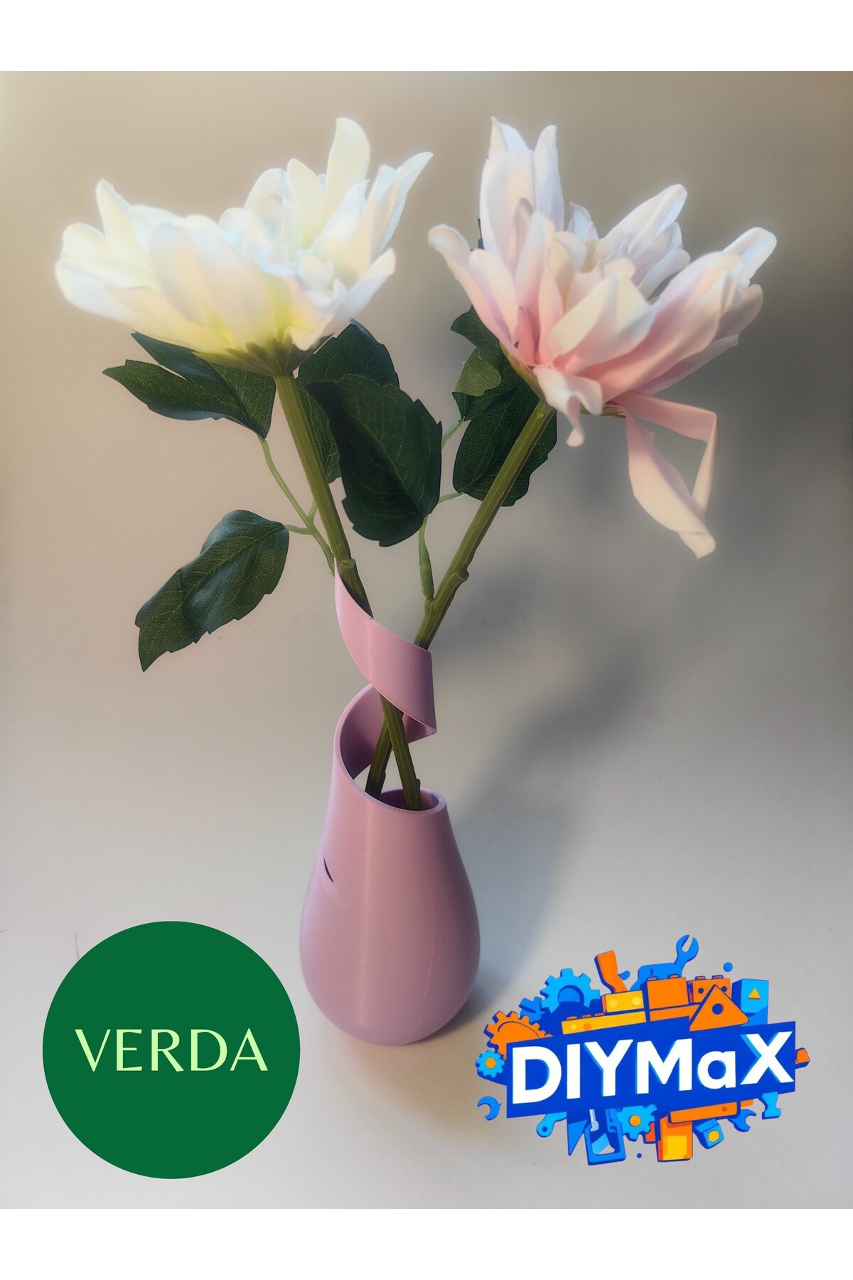 VERDA Yapay Çiçek Saksısı 20 cm Dekoratif Modern Masaüstü Saksı 7 cm Çap + 2 Adet Yapay Çiçek Hediye