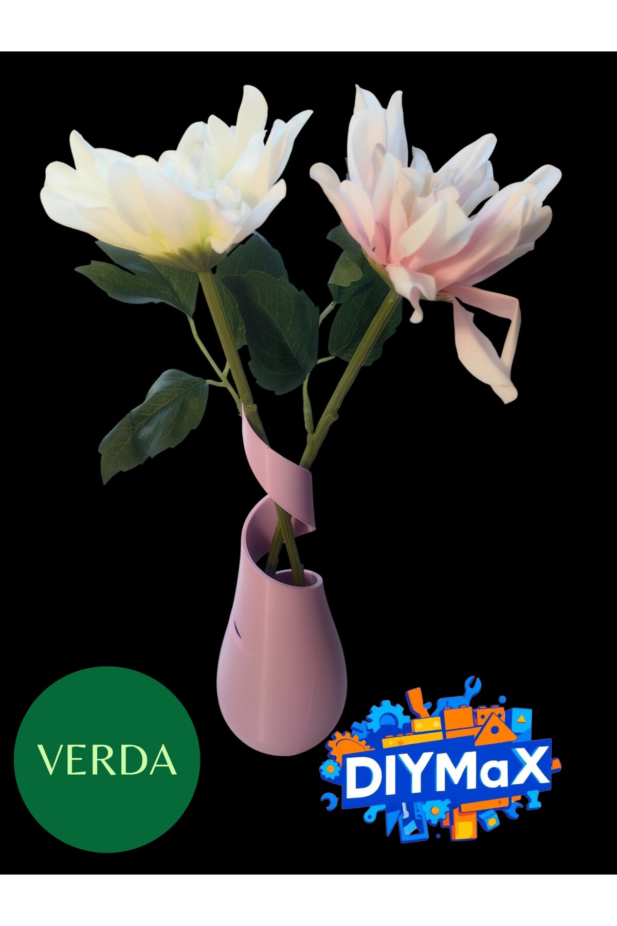 VERDA Yapay Çiçek Saksısı 20 cm Dekoratif Modern Masaüstü Saksı 7 cm Çap + 2 Adet Yapay Çiçek Hediye