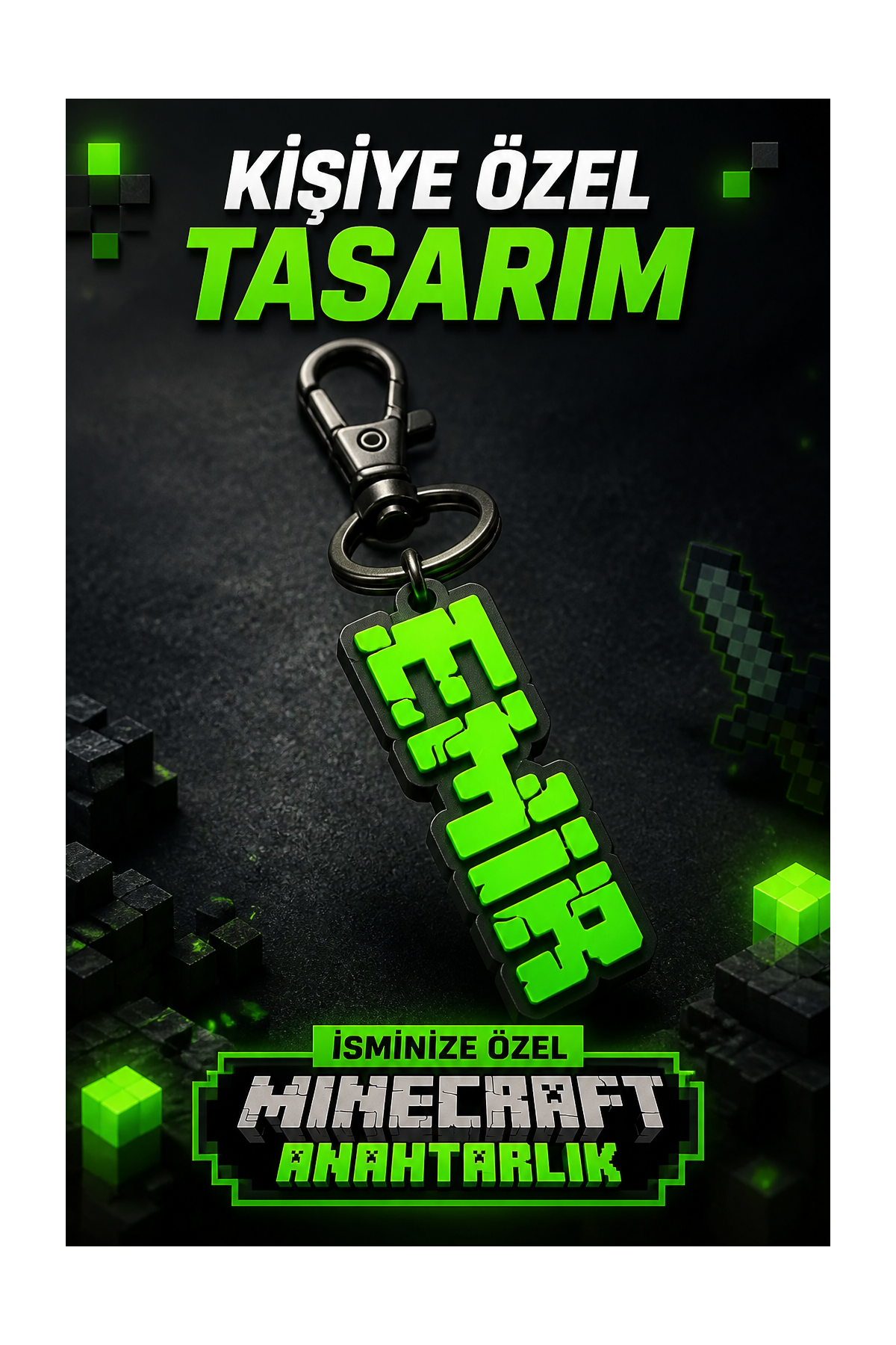 Kişiye Özel İsimli Anahtarlık - Minecraft Temalı Kalemlik,Okul ve Beslenme Çantası Süsü