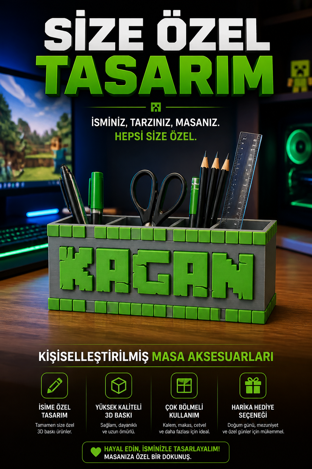İsme Özel Minecraft Temalı Kalem Kutusu - Kişiselleştirilmiş Okul Kalemliği