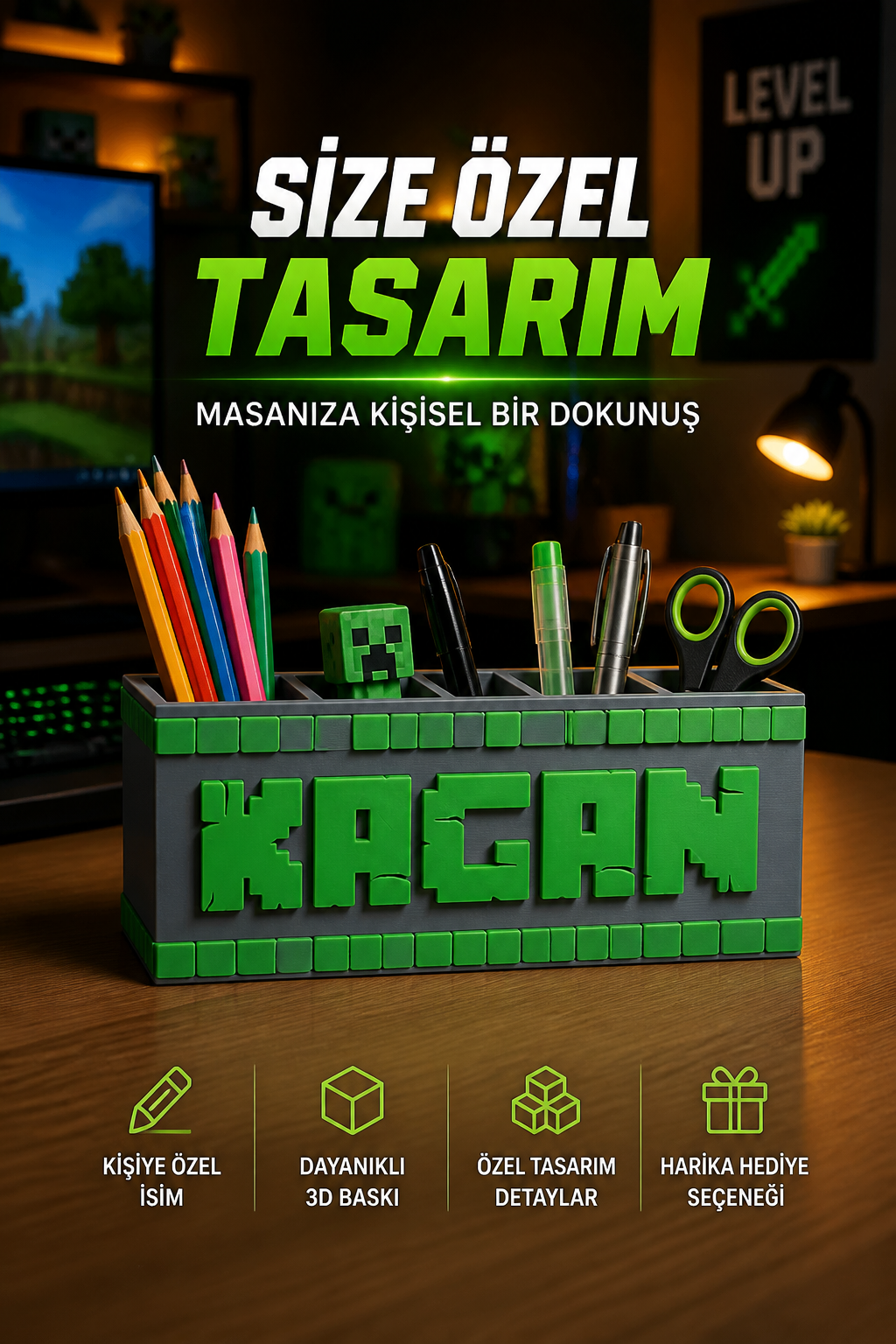 İsme Özel Minecraft Temalı Kalem Kutusu - Kişiselleştirilmiş Okul Kalemliği