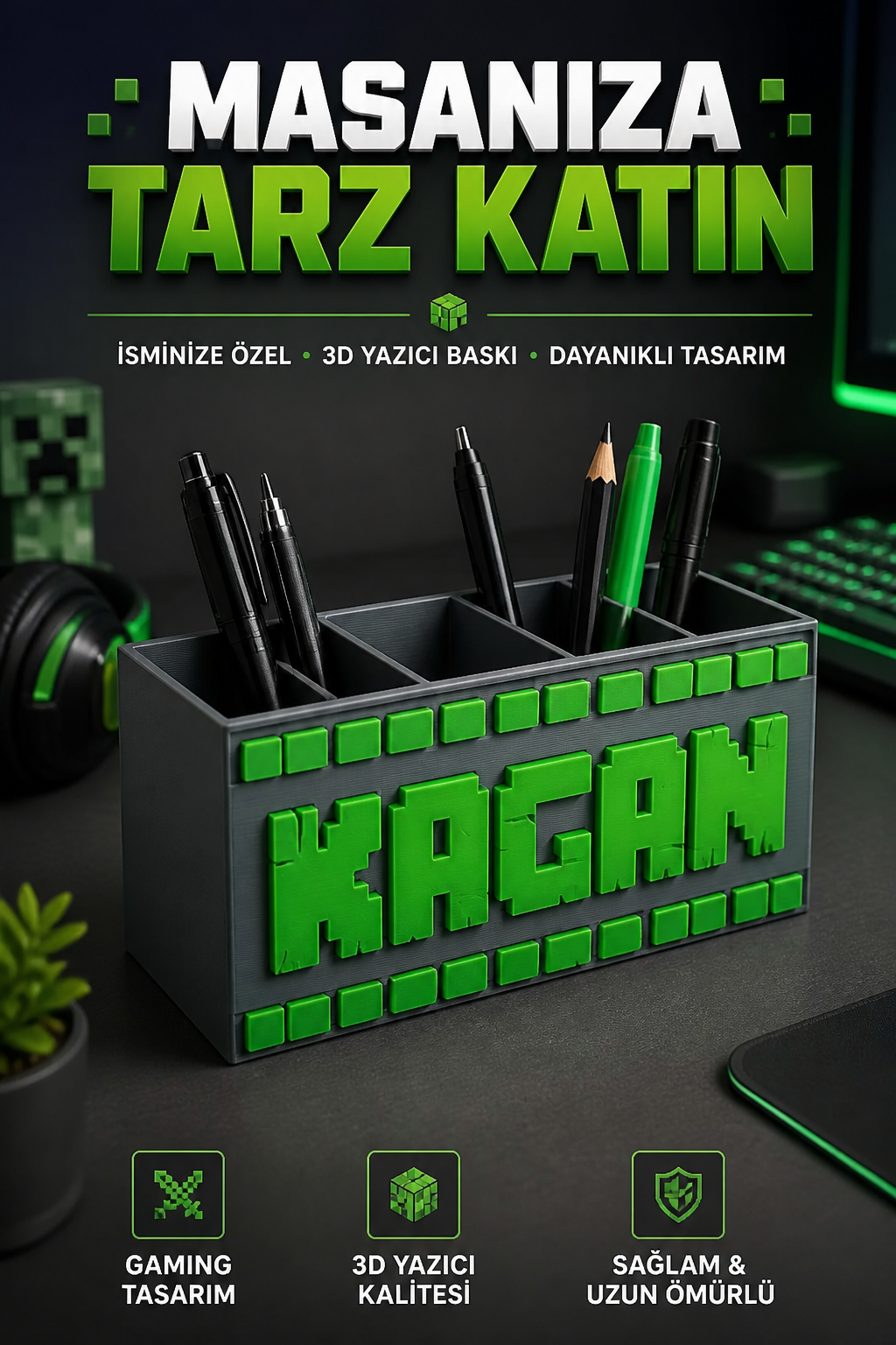 İsme Özel Minecraft Temalı Kalem Kutusu - Kişiselleştirilmiş Okul Kalemliği